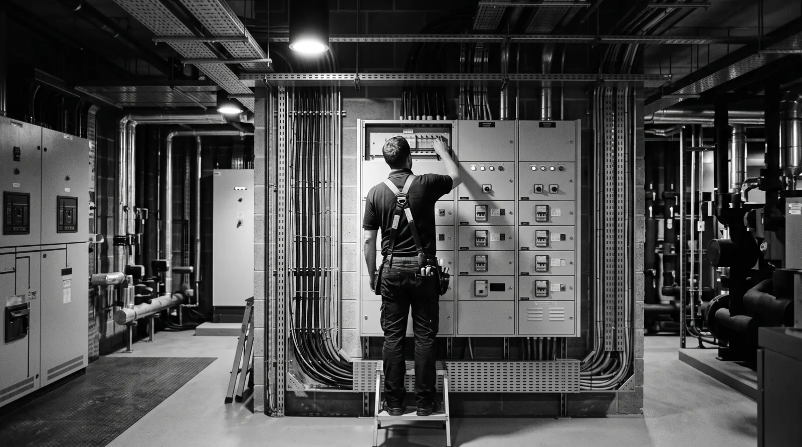 Three-phase distribution board in a commercial plant room